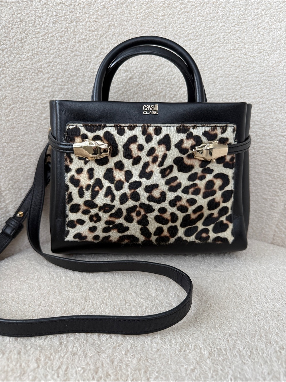 Cavalli Class Black Leather Satchel with Leopard Haircalf Panel